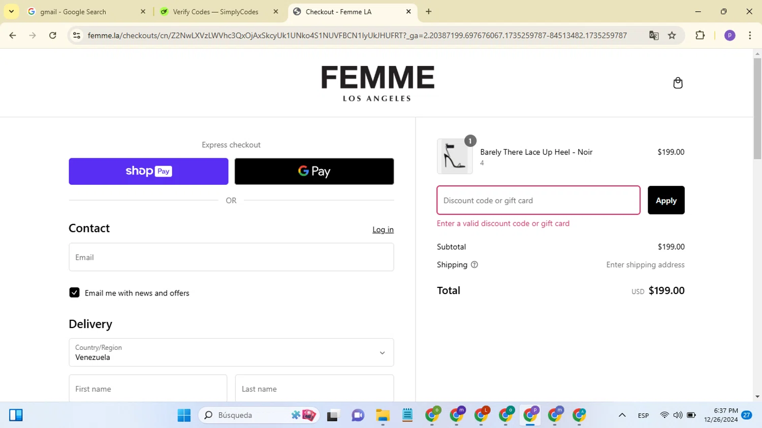 Femme LA discount code screenshot showing code CYBER applied at Femme LA checkout page. Uploaded by SimplyCodes community member MoneyGenius4709 on Dec 27, 2024