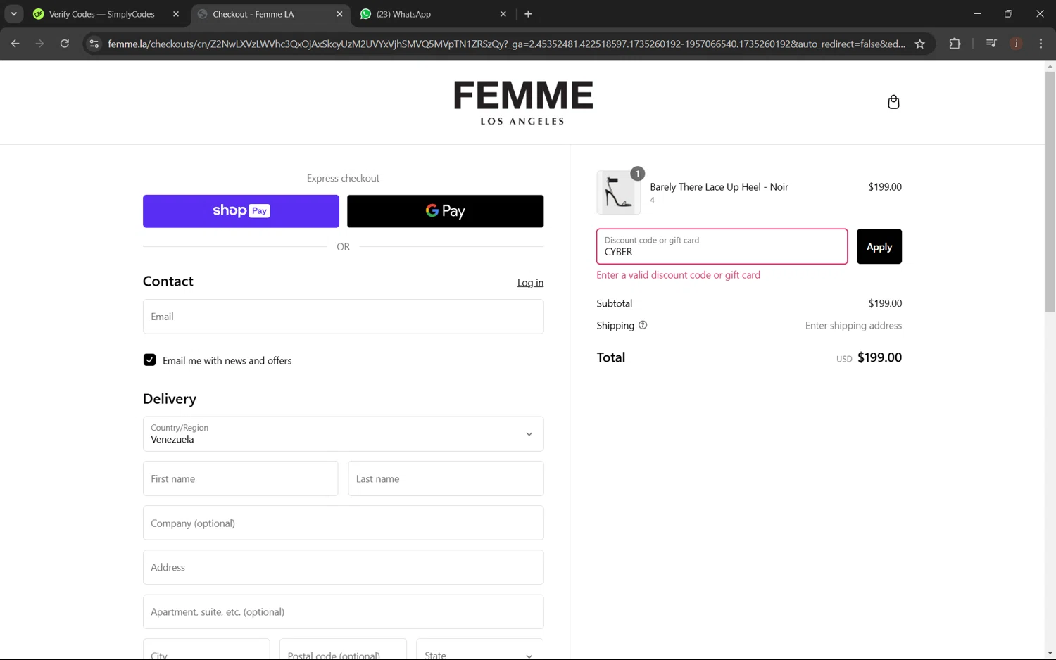 Femme LA discount code screenshot showing code CYBER applied at Femme LA checkout page. Uploaded by SimplyCodes community member juanx1702 on Dec 27, 2024