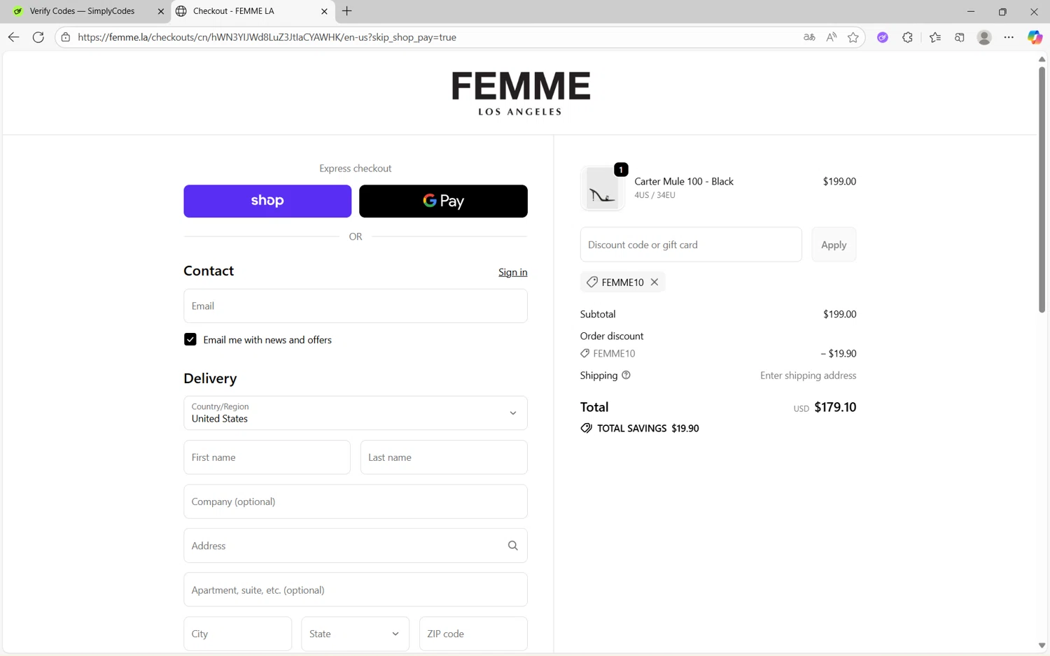 Femme LA discount code screenshot showing code FEMME10 applied at Femme LA checkout page. Uploaded by SimplyCodes community member frijolito on Sep 29, 2025