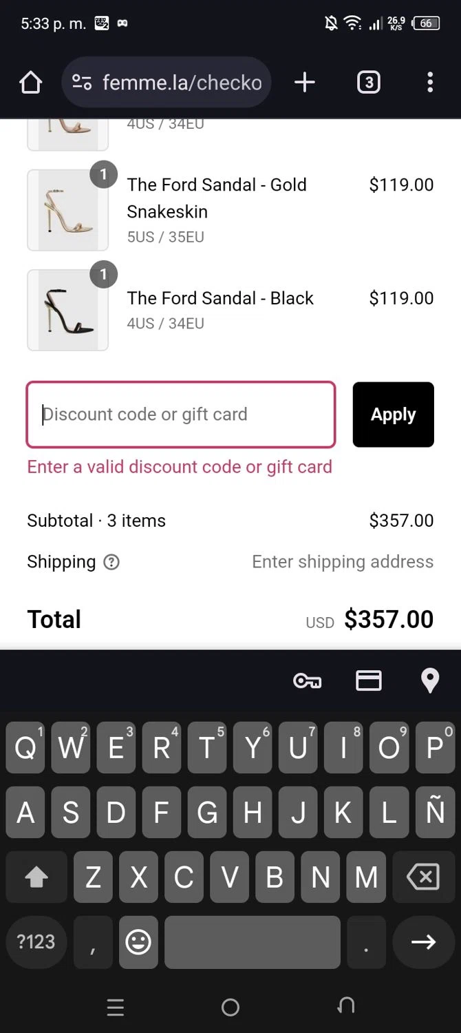 Femme LA discount code screenshot showing code FWSALE applied at Femme LA checkout page. Uploaded by SimplyCodes community member Daless on Mar 3, 2025