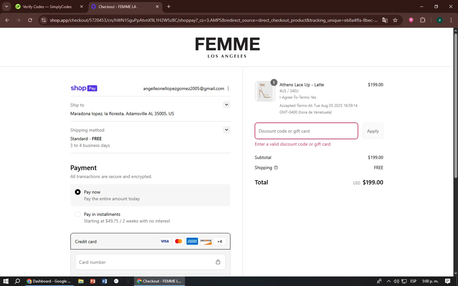 Femme LA discount code screenshot showing code SUMMER50 applied at Femme LA checkout page. Uploaded by SimplyCodes community member zizu55 on Aug 5, 2025