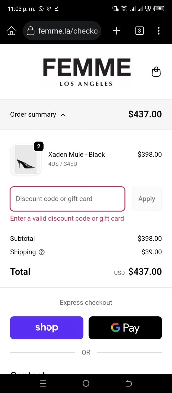 Femme LA discount code screenshot showing code BFCM35 applied at Femme LA checkout page. Uploaded by SimplyCodes community member CleverSleuth6613 on Dec 6, 2025