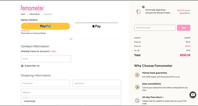 Femometer checkout page showing Femometer promo code box | Screenshot taken by SimplyCodes community member on Mar 27, 2025