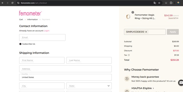 Femometer checkout page showing Femometer promo code box | Screenshot taken by SimplyCodes community member on May 16, 2025