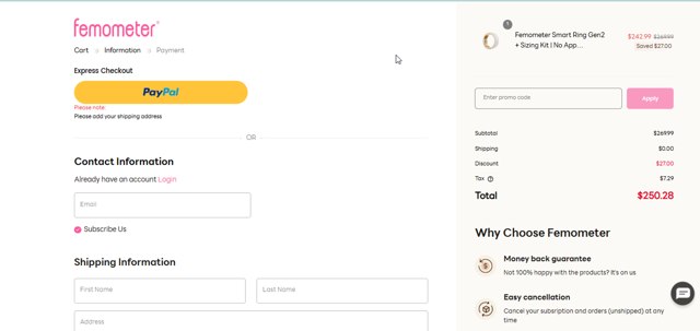 Femometer checkout page showing Femometer promo code box | Screenshot taken by SimplyCodes community member on Feb 15, 2025