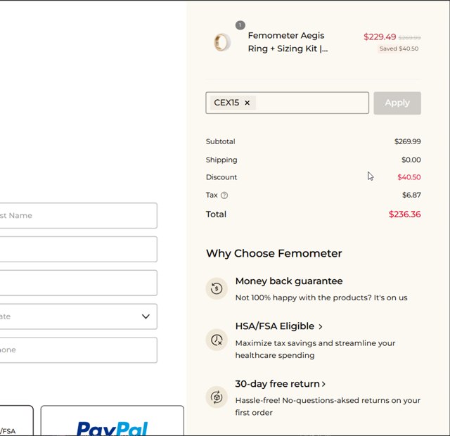 Femometer checkout page showing Femometer promo code box | Screenshot taken by SimplyCodes community member on May 16, 2025