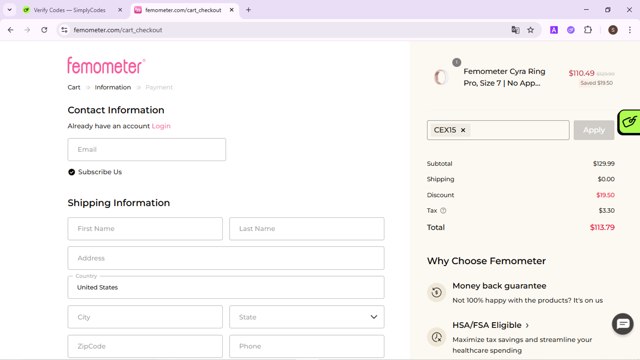 Femometer checkout page showing Femometer promo code box | Screenshot taken by SimplyCodes community member on May 23, 2025