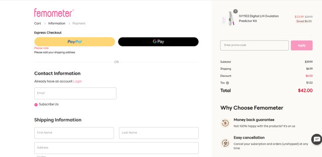 Femometer checkout page showing Femometer promo code box | Screenshot taken by SimplyCodes community member on Feb 15, 2025