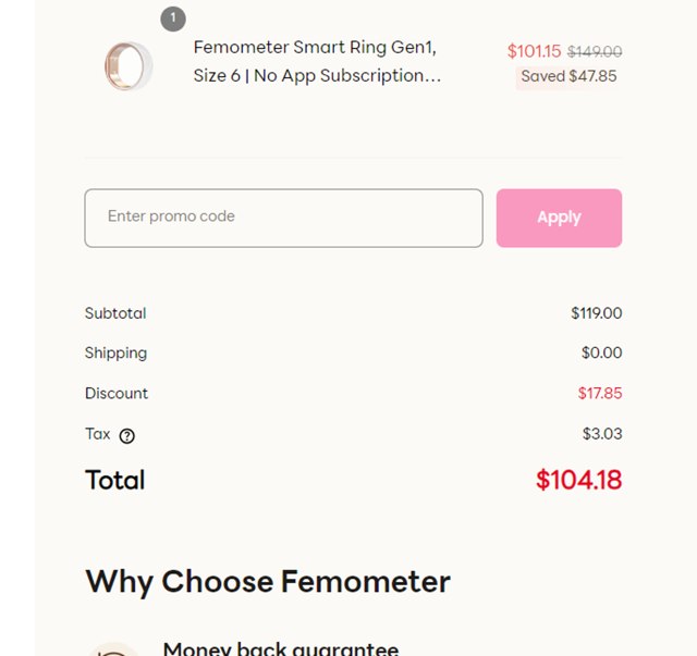 Femometer checkout page showing Femometer promo code box | Screenshot taken by SimplyCodes community member on Feb 15, 2025
