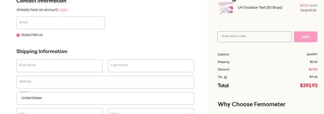 Femometer checkout page showing Femometer promo code box | Screenshot taken by SimplyCodes community member on Feb 7, 2025