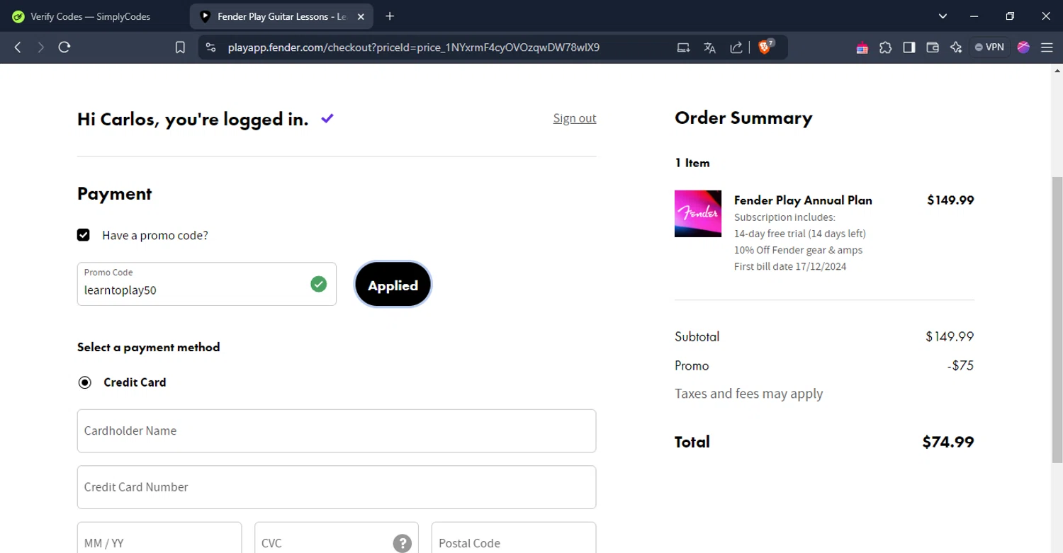 Fender checkout page showing Fender promo code box | Screenshot taken by SimplyCodes community member on Dec 3, 2024