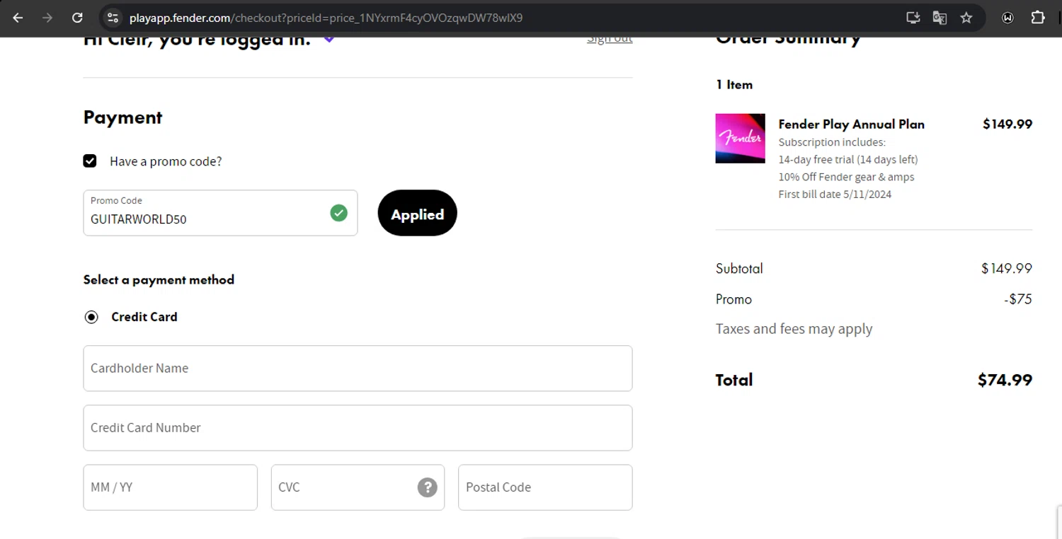 Fender checkout page showing Fender promo code box | Screenshot taken by SimplyCodes community member on Oct 22, 2024