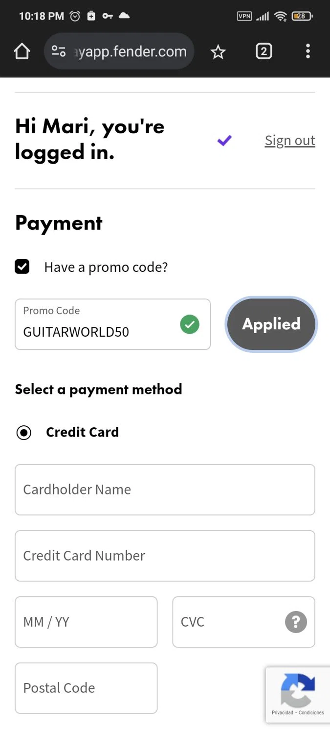 Fender checkout page showing Fender promo code box | Screenshot taken by SimplyCodes community member on Nov 8, 2024