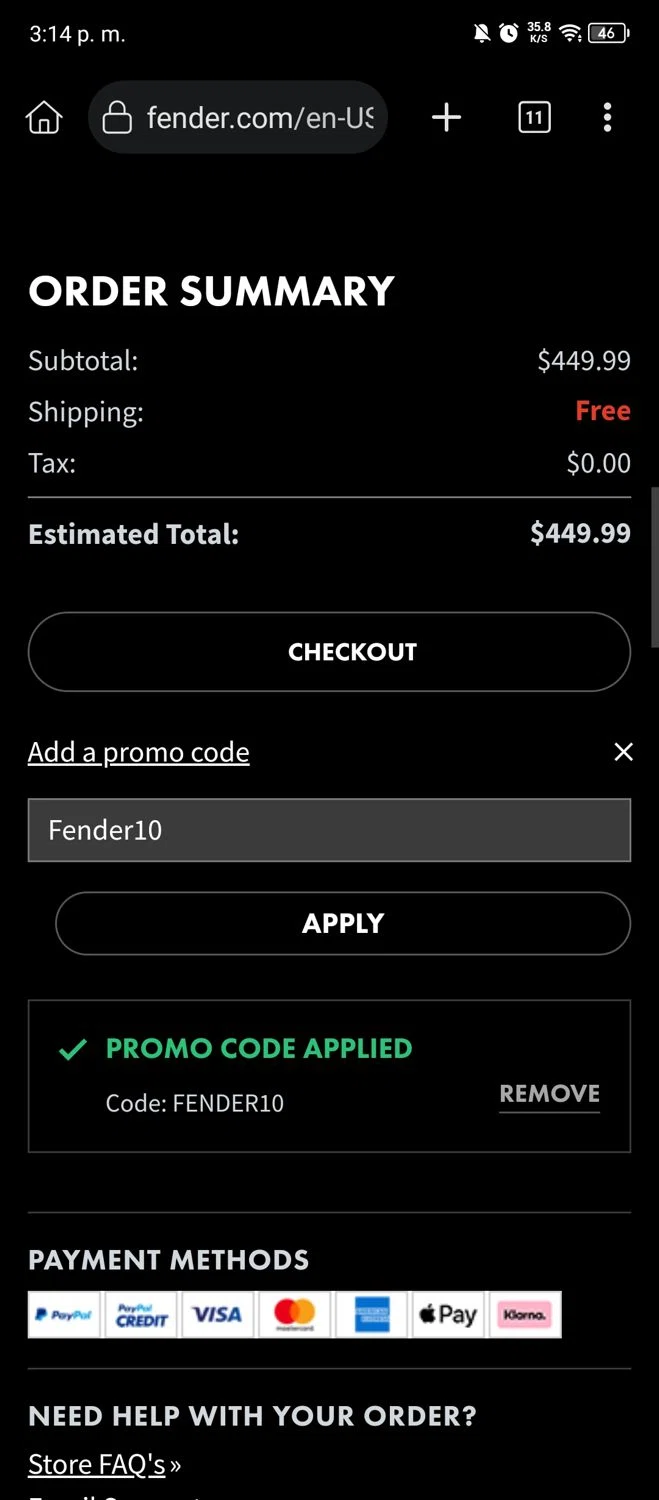 Fender checkout page showing Fender promo code box | Screenshot taken by SimplyCodes community member on Nov 12, 2024