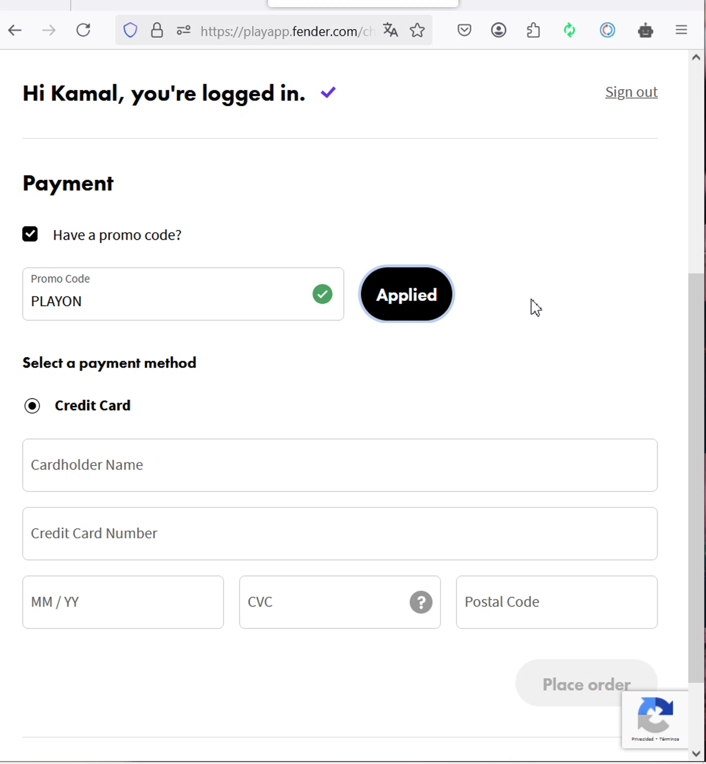 Fender checkout page showing Fender promo code box | Screenshot taken by SimplyCodes community member on Feb 6, 2025