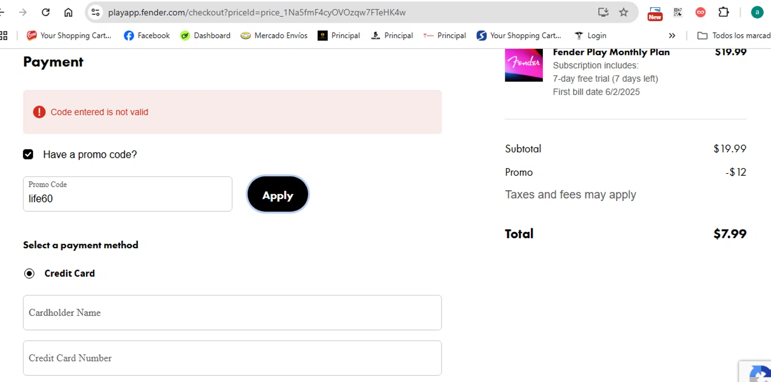 Fender checkout page showing Fender promo code box | Screenshot taken by SimplyCodes community member on Jan 30, 2025