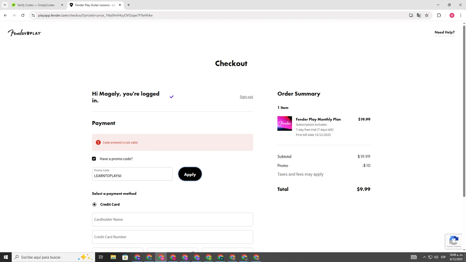 Fender Play promo code screenshot showing code LEARNTOPLAY50 applied at Fender Play checkout page. Uploaded by SimplyCodes community member CBR600 on Dec 6, 2025