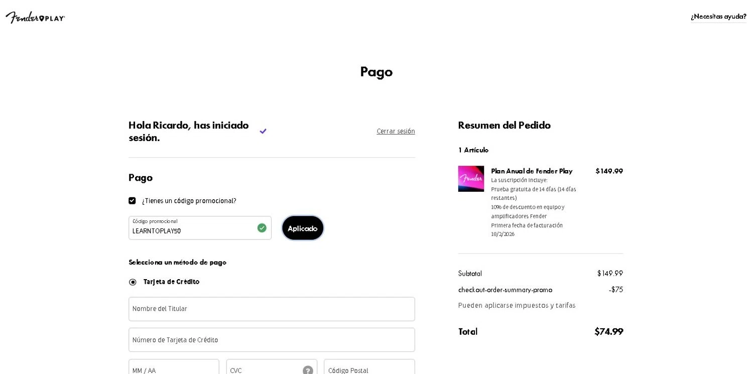 Fender Play promo code screenshot showing code LEARNTOPLAY50 applied at Fender Play checkout page. Uploaded by SimplyCodes community member LAMINEJAMAL on Feb 4, 2026