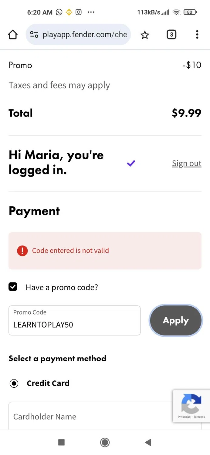 Fender Play promo code screenshot showing code LEARNTOPLAY50 applied at Fender Play checkout page. Uploaded by SimplyCodes community member Piolin on Dec 5, 2025