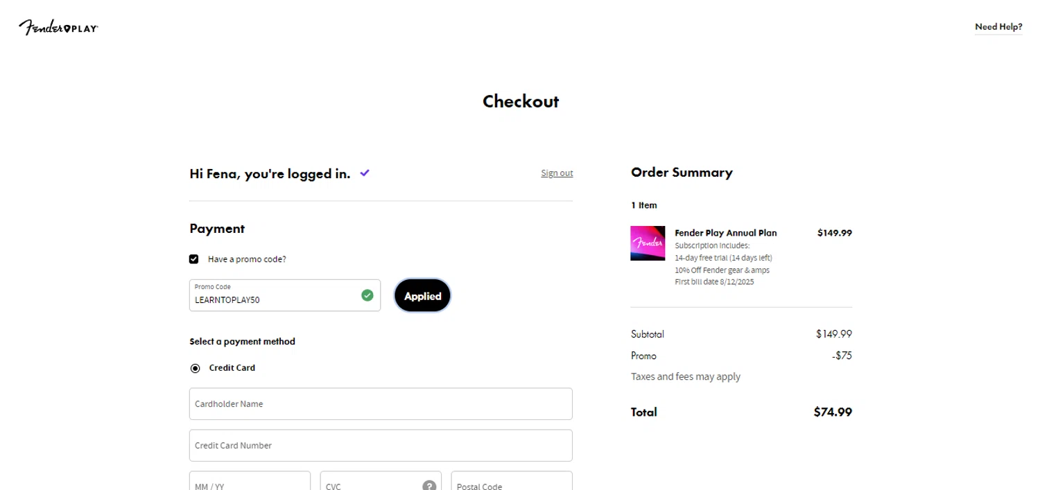 Fender Play checkout page showing Fender Play promo code box | Screenshot taken by SimplyCodes community member on Nov 25, 2025