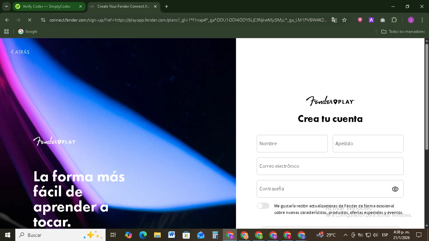 Fender Play promo code screenshot showing code LEARNTOPLAY50 applied at Fender Play checkout page. Uploaded by SimplyCodes community member Tazbravo on Jan 21, 2026