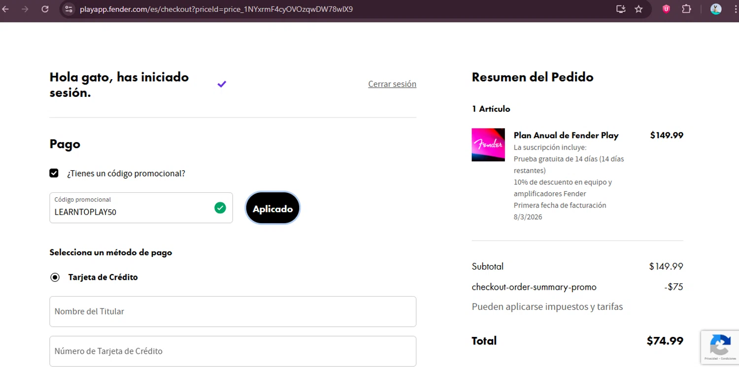 Fender Play checkout page showing Fender Play promo code box | Screenshot taken by SimplyCodes community member on Feb 22, 2026