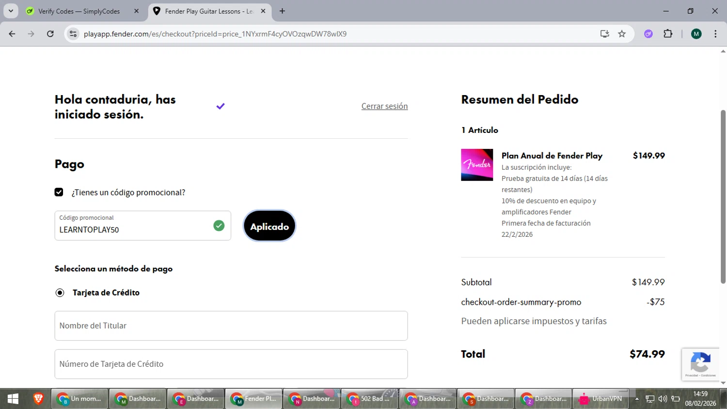 Fender Play promo code screenshot showing code LEARNTOPLAY50 applied at Fender Play checkout page. Uploaded by SimplyCodes community member suieeloves on Feb 8, 2026
