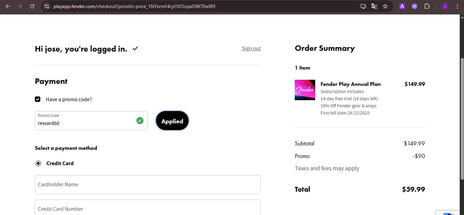 Fender Play promo code screenshot showing code reward60 applied at Fender Play checkout page. Uploaded by SimplyCodes community member CoinMaverick1452 on Dec 10, 2025