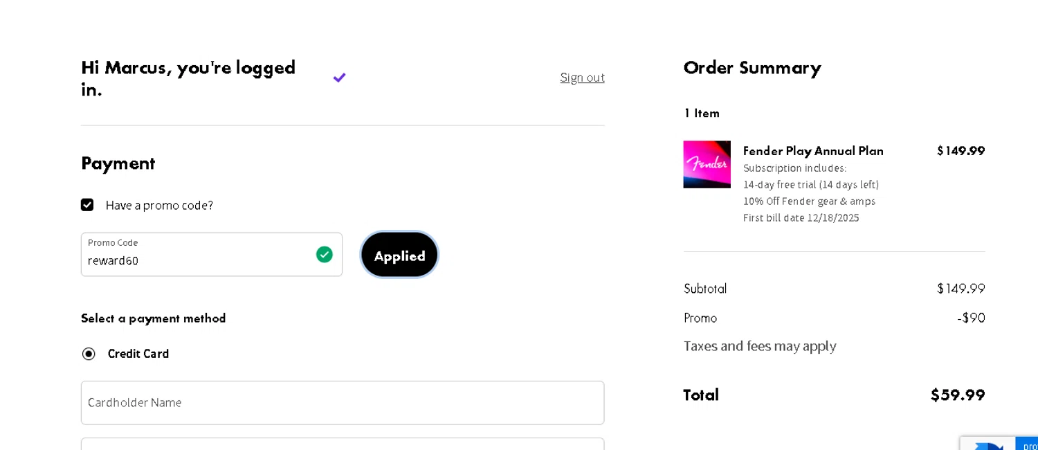 Fender Play promo code screenshot showing code reward60 applied at Fender Play checkout page. Uploaded by SimplyCodes community member DRINKI on Dec 4, 2025