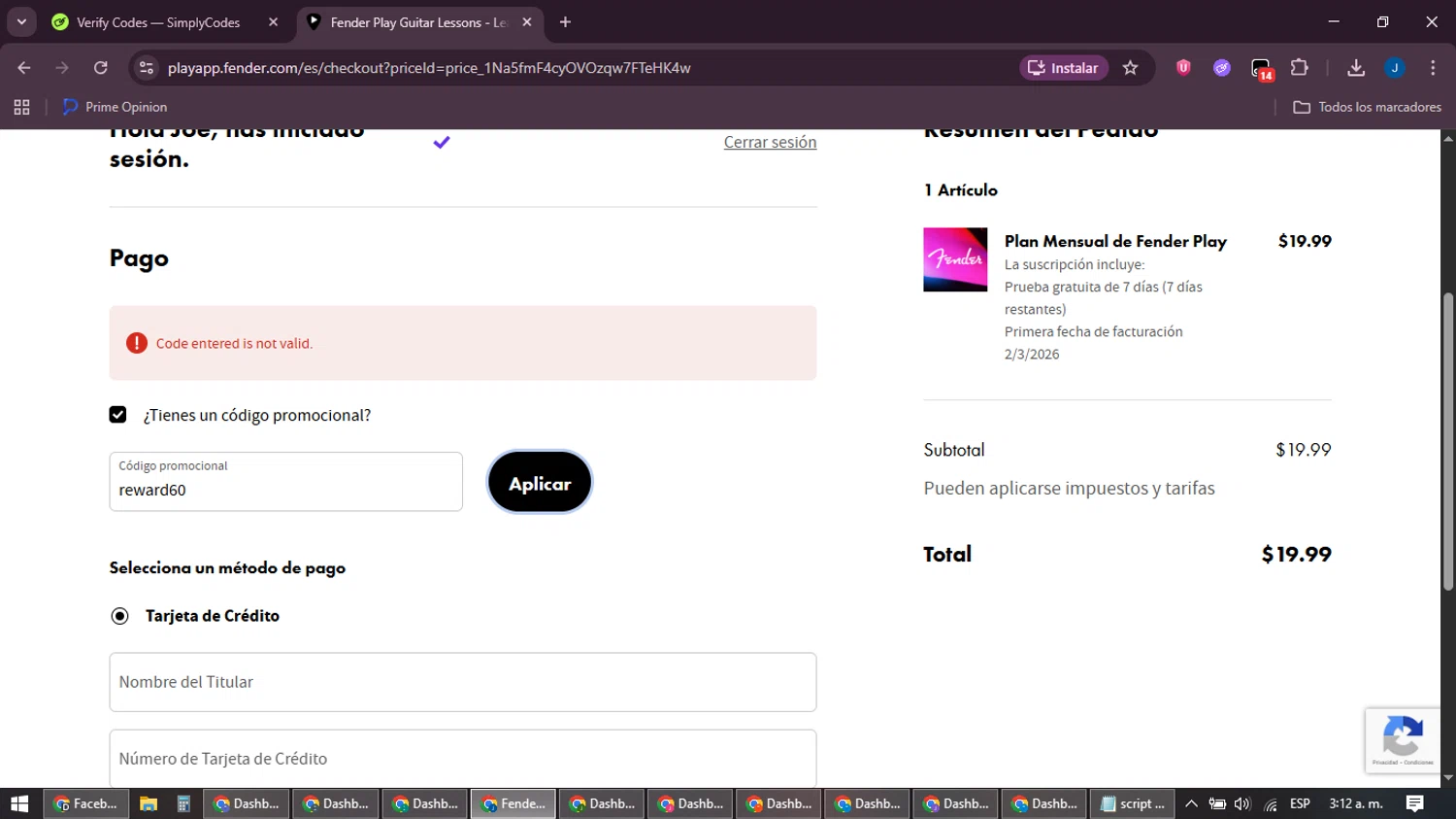 Fender Play promo code screenshot showing code reward60 applied at Fender Play checkout page. Uploaded by SimplyCodes community member noesmith34ur on Feb 23, 2026