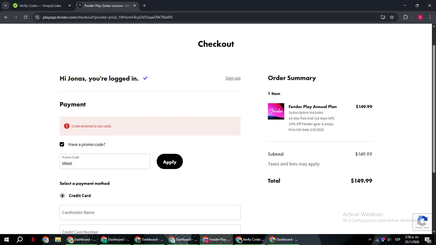 Fender Play promo code screenshot showing code life60 applied at Fender Play checkout page. Uploaded by SimplyCodes community member BMWGS1200 on Jan 25, 2026