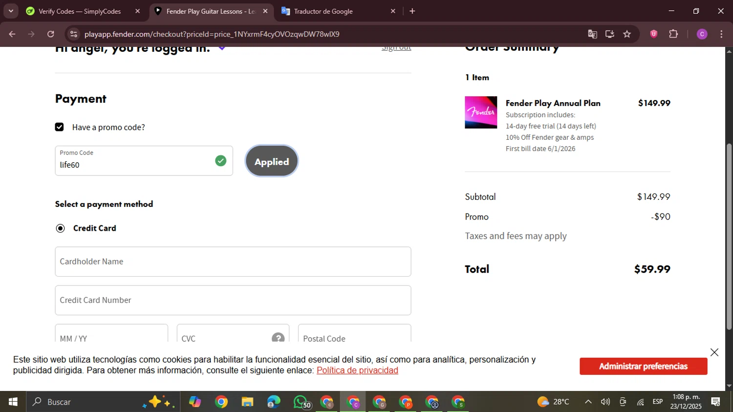 Fender Play promo code screenshot showing code life60 applied at Fender Play checkout page. Uploaded by SimplyCodes community member FrugalPro5078 on Dec 23, 2025