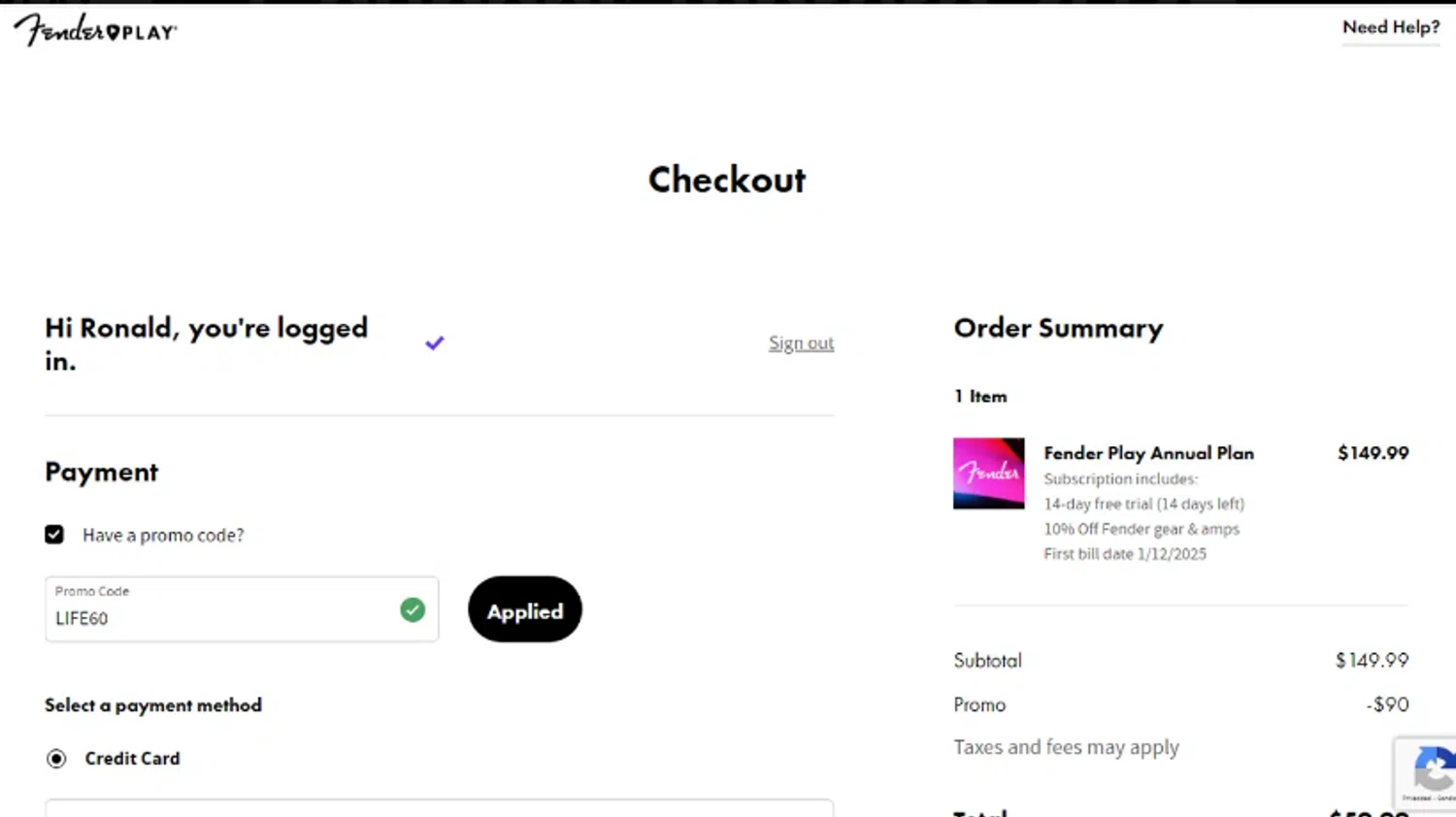 Fender Play checkout page showing Fender Play promo code box | Screenshot taken by SimplyCodes community member on Feb 12, 2026