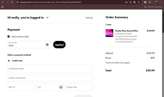 Fender Play checkout page showing Fender Play promo code box | Screenshot taken by SimplyCodes community member on Sep 8, 2025