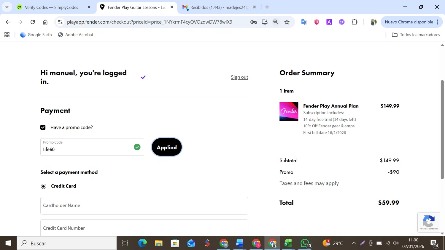 Fender Play checkout page showing Fender Play promo code box | Screenshot taken by SimplyCodes community member on Jan 2, 2026