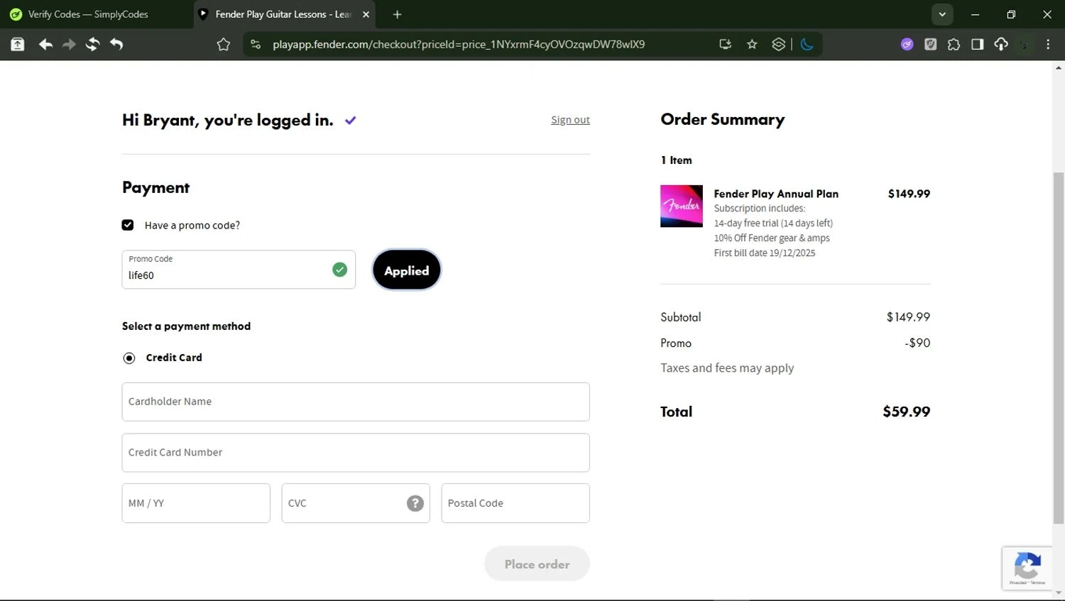 Fender Play checkout page showing Fender Play promo code box | Screenshot taken by SimplyCodes community member on Dec 5, 2025