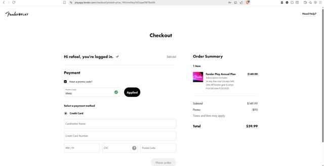 Fender Play checkout page showing Fender Play promo code box | Screenshot taken by SimplyCodes community member on Sep 4, 2025