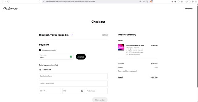 Fender Play checkout page showing Fender Play promo code box | Screenshot taken by SimplyCodes community member on Sep 4, 2025