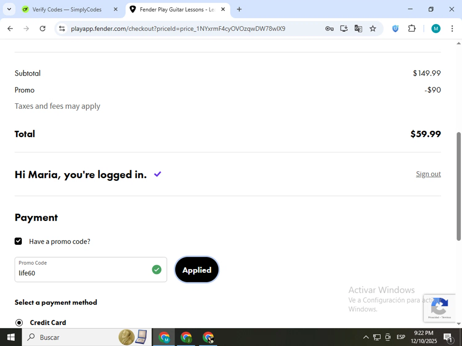 Fender Play checkout page showing Fender Play promo code box | Screenshot taken by SimplyCodes community member on Dec 11, 2025
