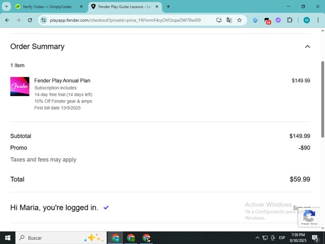Fender Play checkout page showing Fender Play promo code box | Screenshot taken by SimplyCodes community member on Aug 30, 2025
