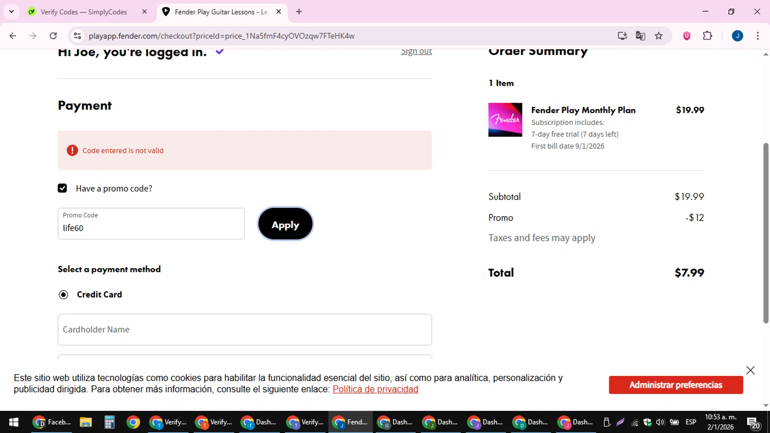 Fender Play promo code screenshot showing code life60 applied at Fender Play checkout page. Uploaded by SimplyCodes community member noesmith34ur on Jan 2, 2026