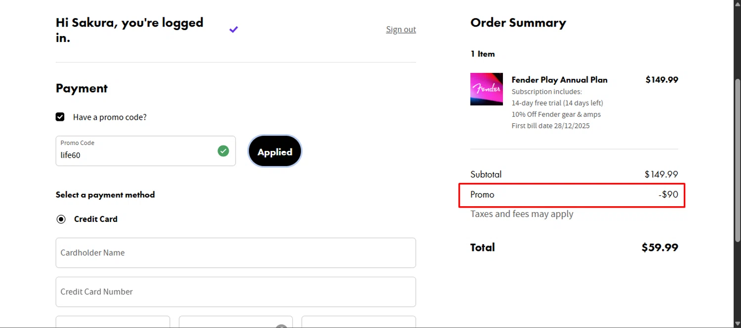 Fender Play promo code screenshot showing code life60 applied at Fender Play checkout page. Uploaded by SimplyCodes community member noworries on Dec 14, 2025