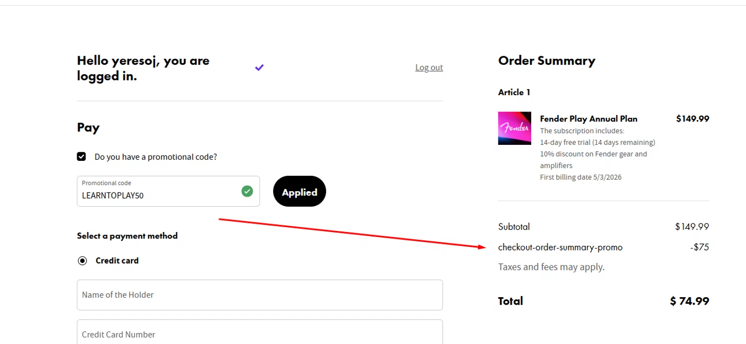 Fender Play promo code screenshot showing code LEARNTOPLAY50 applied at Fender Play checkout page. Uploaded by SimplyCodes community member Loki_Odinson on Feb 19, 2026
