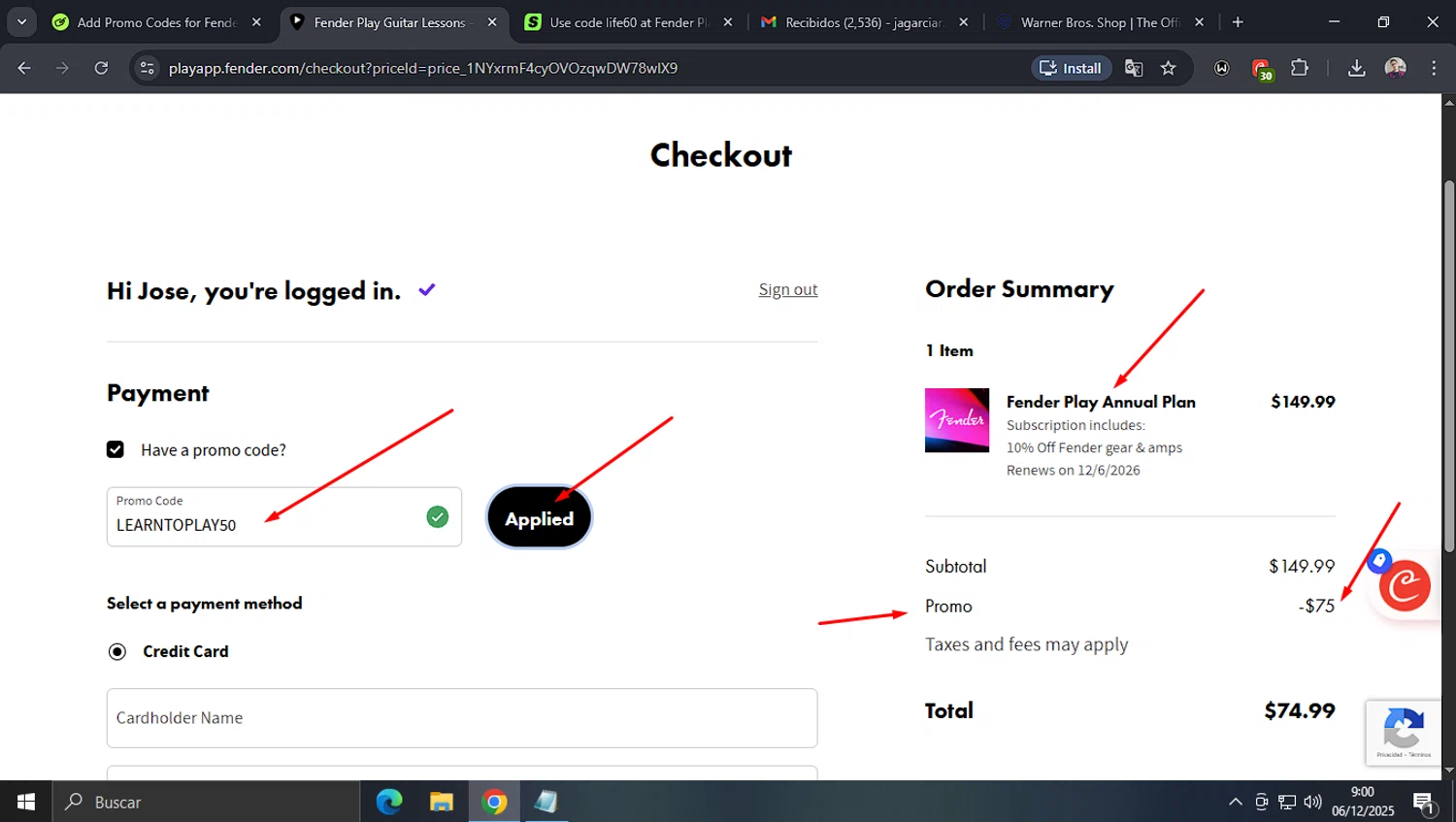 Fender Play promo code screenshot showing code LEARNTOPLAY50 applied at Fender Play checkout page. Uploaded by SimplyCodes community member josegarcia6 on Dec 6, 2025