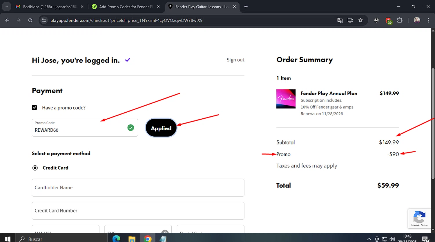 Fender Play promo code screenshot showing code REWARD60 applied at Fender Play checkout page. Uploaded by SimplyCodes community member josegarcia6 on Nov 28, 2025