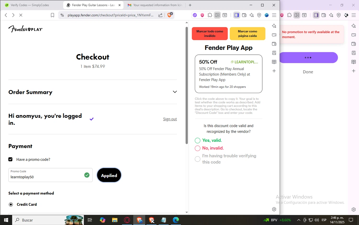 Fender Play App checkout page showing Fender Play App promo code box | Screenshot taken by SimplyCodes community member on Nov 14, 2025