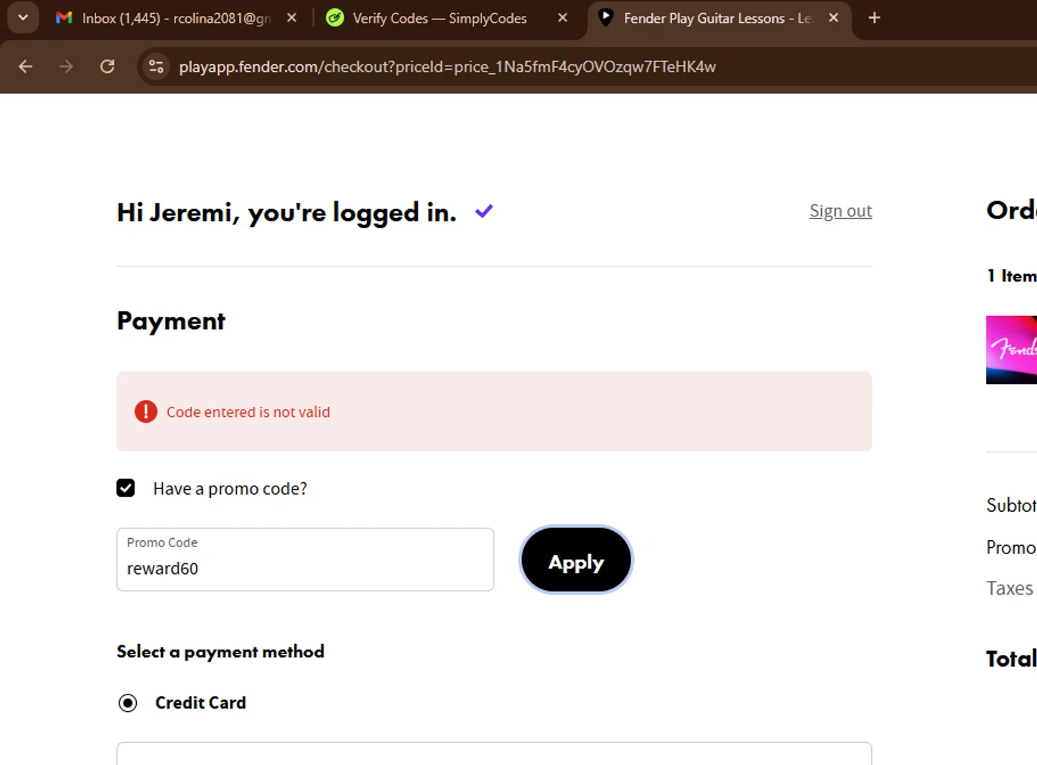 Fender Play App promo code screenshot showing code reward60 applied at Fender Play App checkout page. Uploaded by SimplyCodes community member SnoopDogg on Nov 4, 2025