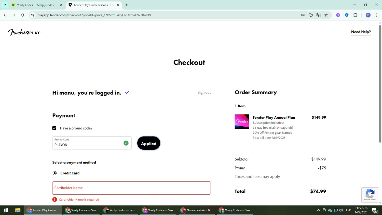 Fender Play App promo code screenshot showing code PLAYON applied at Fender Play App checkout page. Uploaded by SimplyCodes community member QuestDefender2661 on Sep 14, 2025