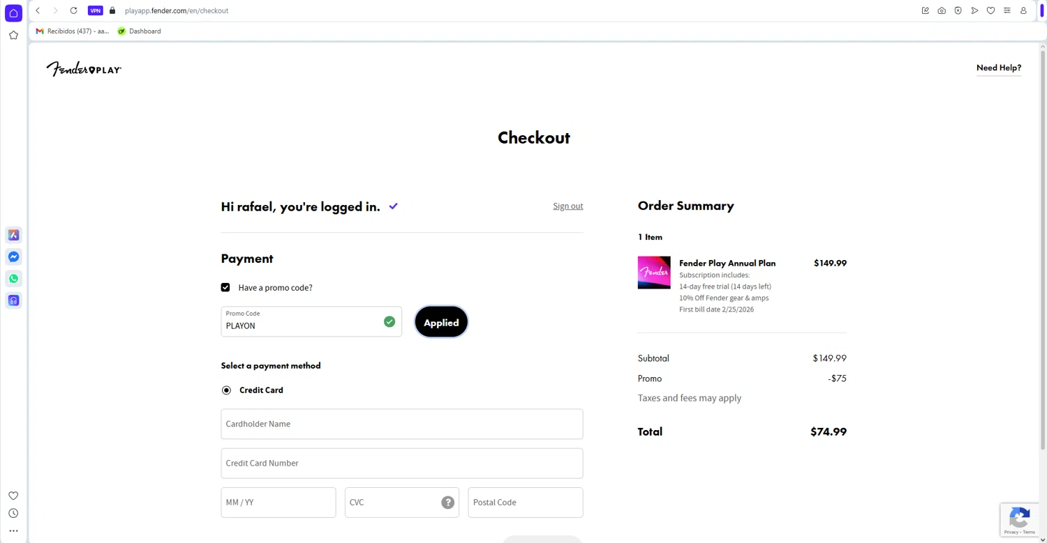 Fender Play App checkout page showing Fender Play App promo code box | Screenshot taken by SimplyCodes community member on Feb 12, 2026