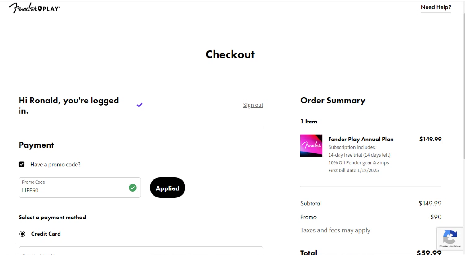 Fender Play App promo code screenshot showing code LIFE60 applied at Fender Play App checkout page. Uploaded by SimplyCodes community member Ronald on Nov 17, 2025